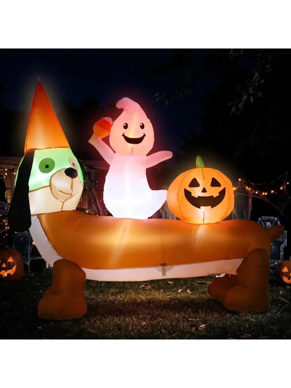 5FT Halloween Inflatable Dachshund & Ghost Yard Decoration - Festive Outdoor